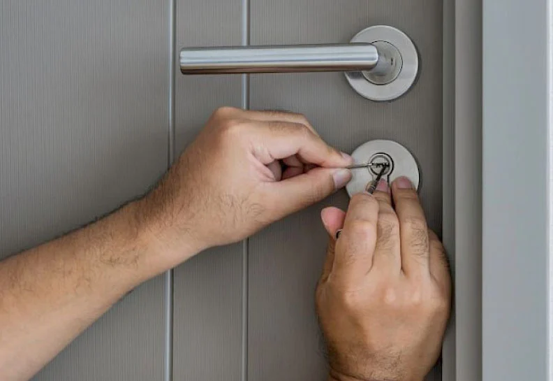 Locksmith using non-destructive lock picking tools on a door